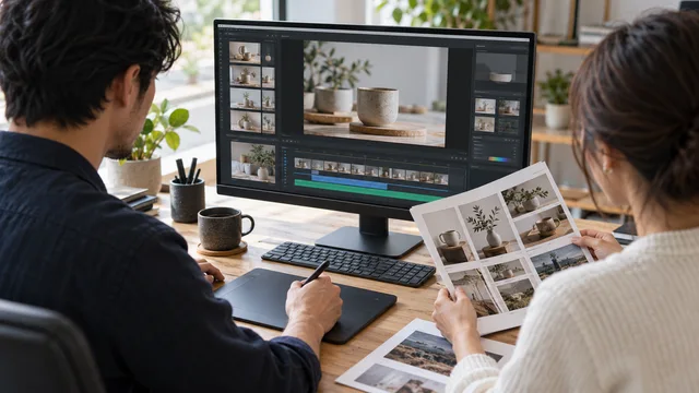 Photographic concept of a content team reviewing campaign images and a video edit at a studio desk