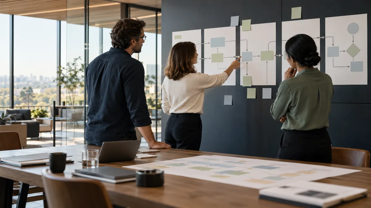 Concept photograph of a team mapping the steps and responsibilities in a business workflow