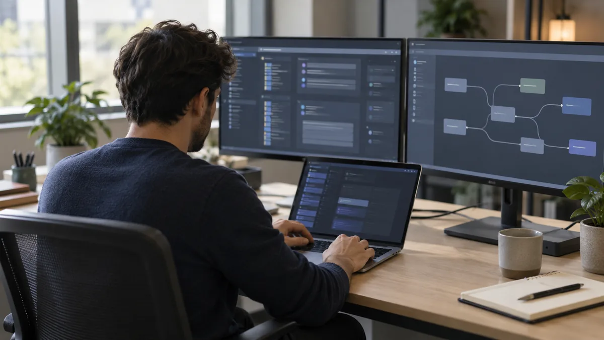 Concept photograph of a technical professional connecting software and checking system information