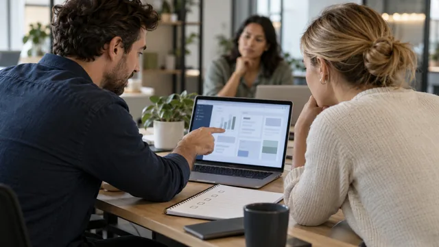 Concept photograph of colleagues checking a workflow and learning to use a business system