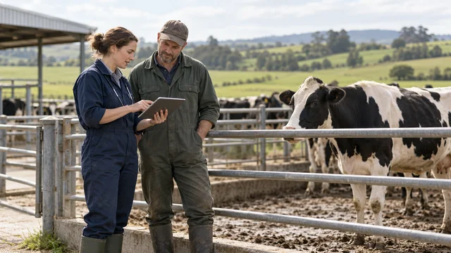 Photographic concept of a farm veterinarian and cattle manager reviewing records beside a cow