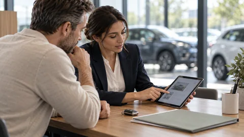 Photographic concept of a vehicle coordinator reviewing a booking with a customer