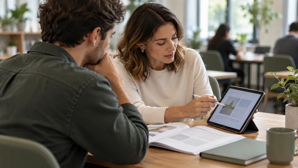Photographic concept of an adult tutor and learner reviewing course material