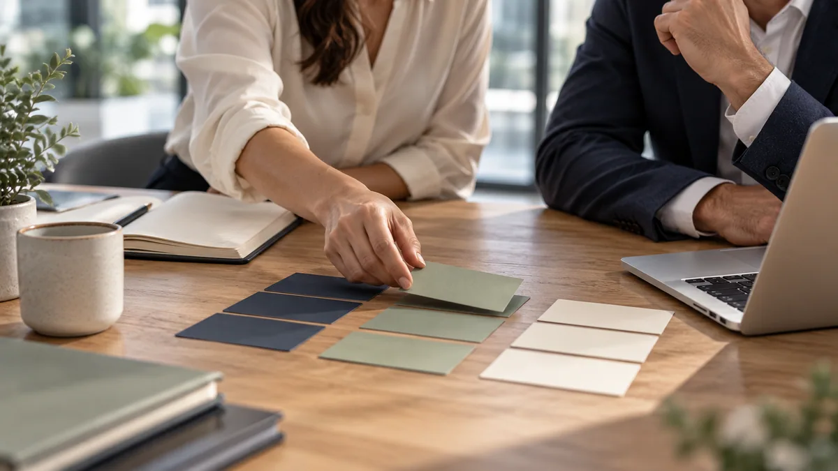 Photographic concept of colleagues selecting one workflow from a set of planning cards