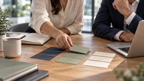 Photographic concept of colleagues selecting one workflow from a set of planning cards