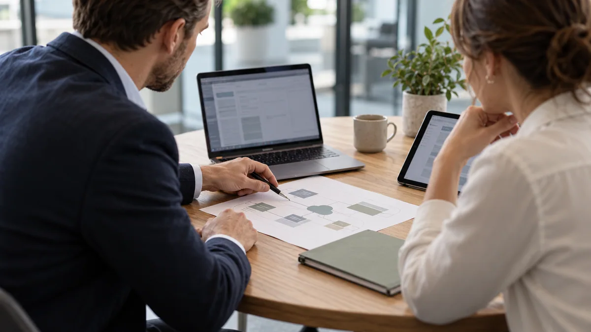 Photographic concept of a business owner and technical partner reviewing a system plan