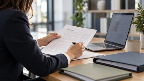 Photographic concept of a legal professional reviewing documents and case folders