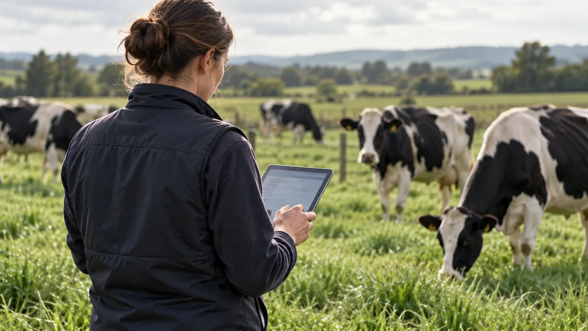 Photographic concept of a farm worker checking a tablet beside grazing dairy cattle