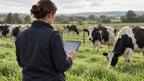 Photographic concept of a farm worker checking a tablet beside grazing dairy cattle