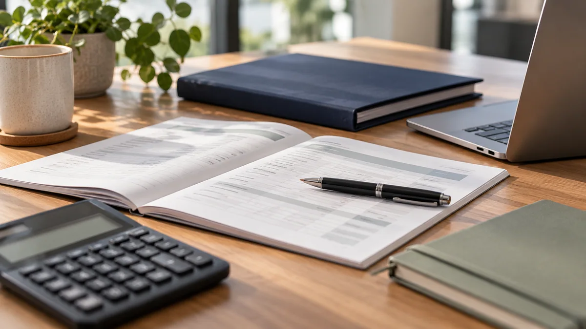 Photographic concept of a project budget review with a workbook and calculator