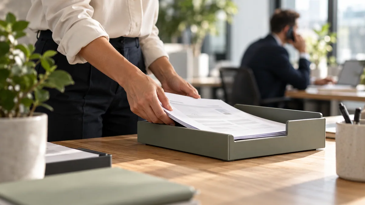 Photographic concept of completed document work alongside a colleague speaking with a customer
