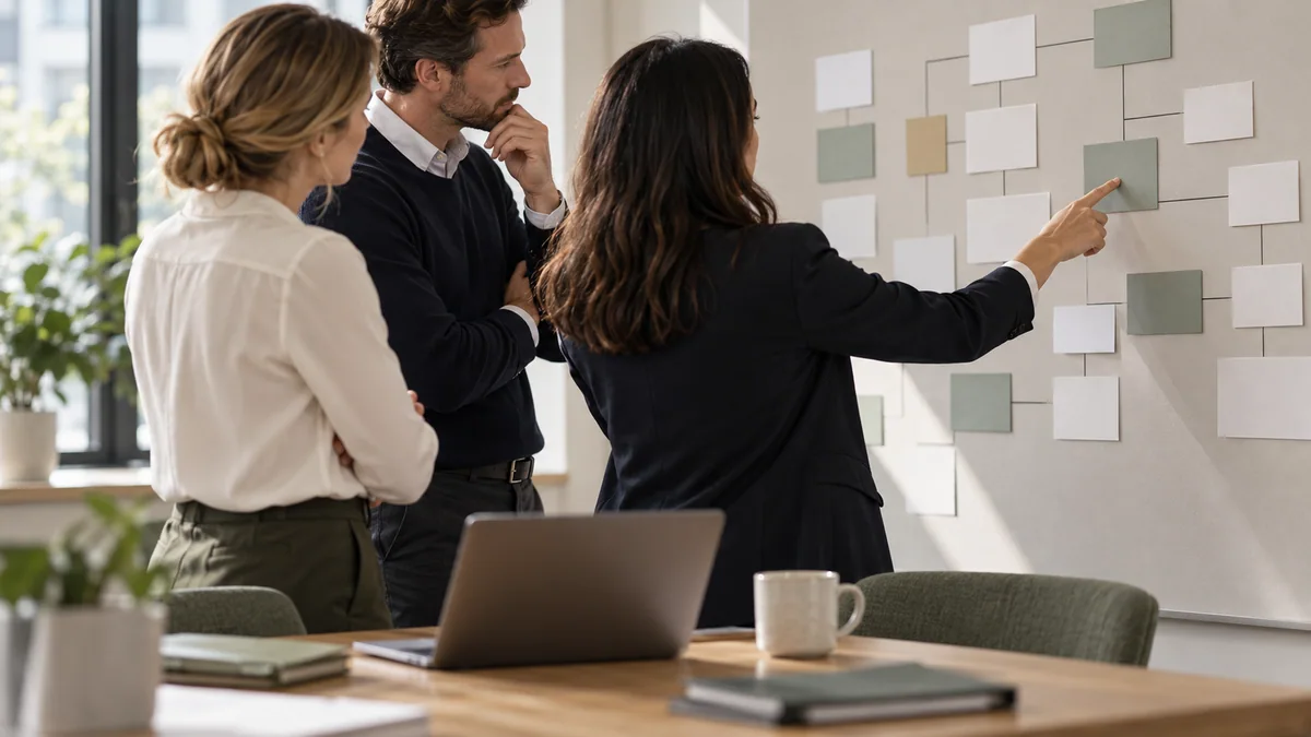 Photographic concept of a consultant and business team reviewing a process map