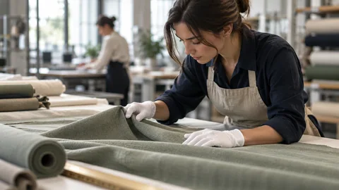 Photographic concept of a textile quality-control professional inspecting fabric